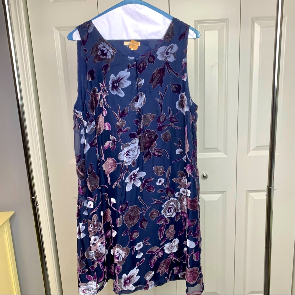 Mystere Navy Swing dress with Taupe and Purple Velvet